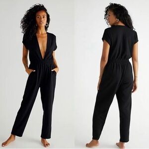 Free People Beach Rita Deep V Neck Textured Jumpsuit Black Size XS